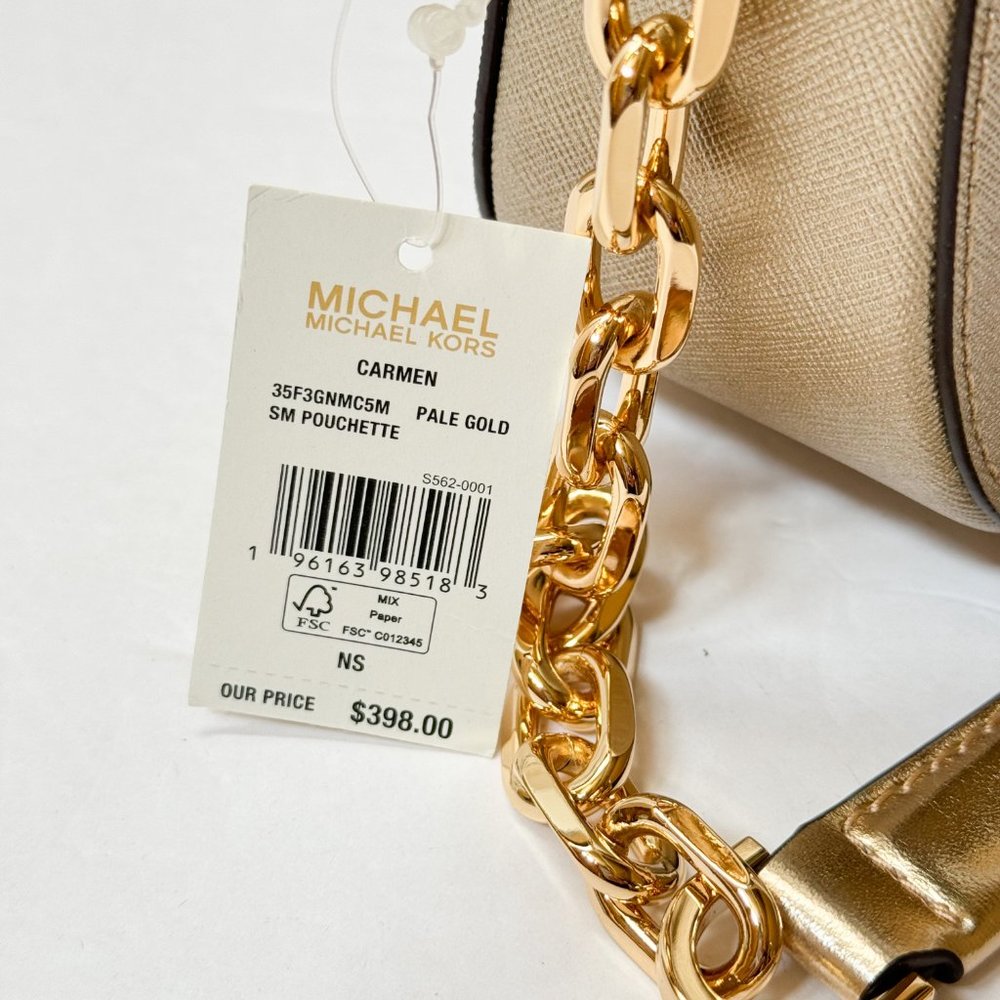 Michael Kors Carmen Small Shoulder Chain Bag + Coin ID Key Wallet Pale Gold - Picture 14 of 14